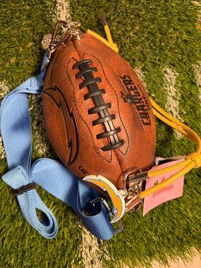 Football-Shaped  Bag with Yellow Strap. Chargers team colors